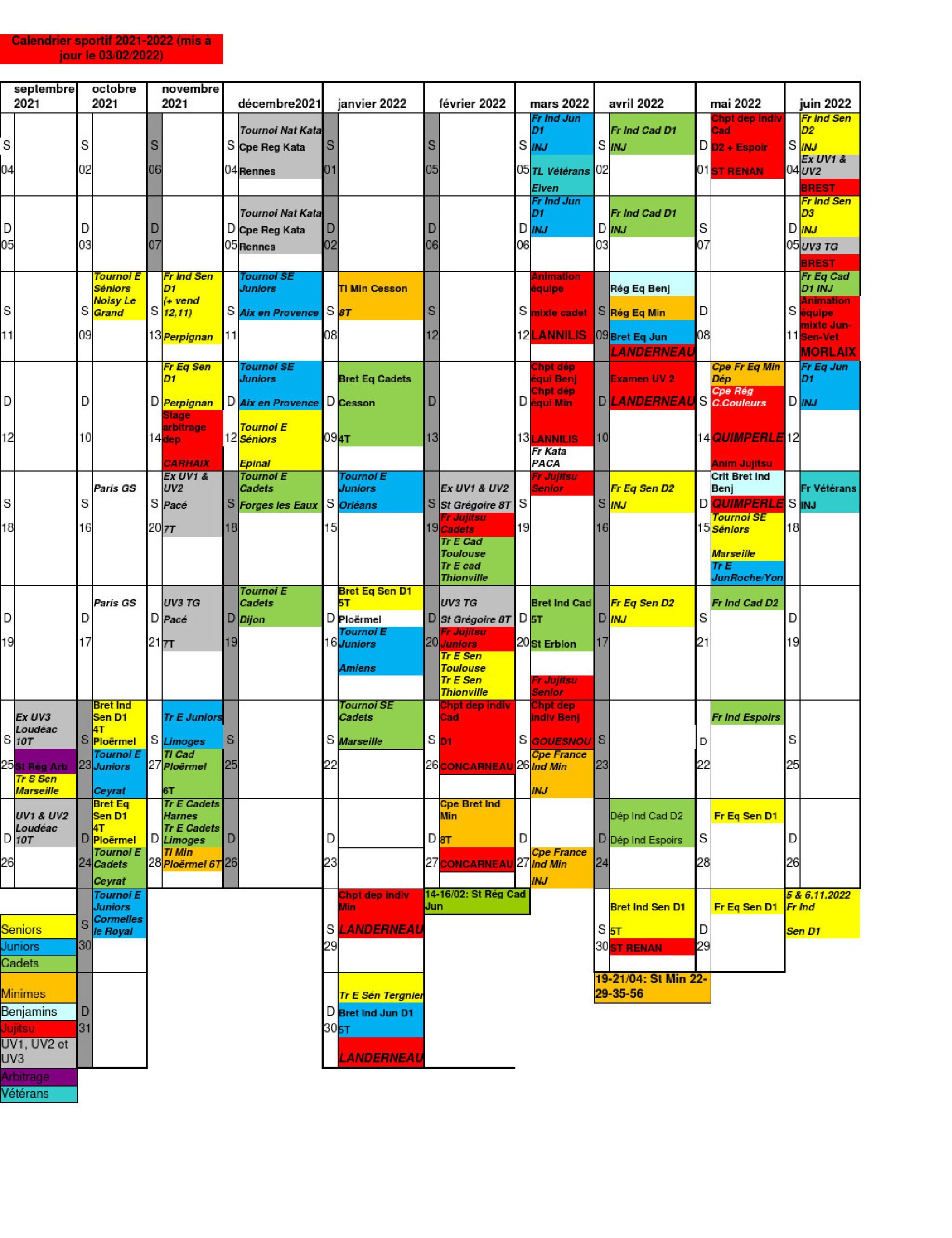 Calendrier sportif  à partir de benjamins Mise a Jour